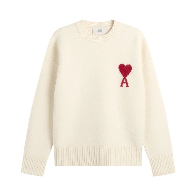 Ami Crewneck Sweater With Contrasted De Coeur 'Ecru/Rouge'