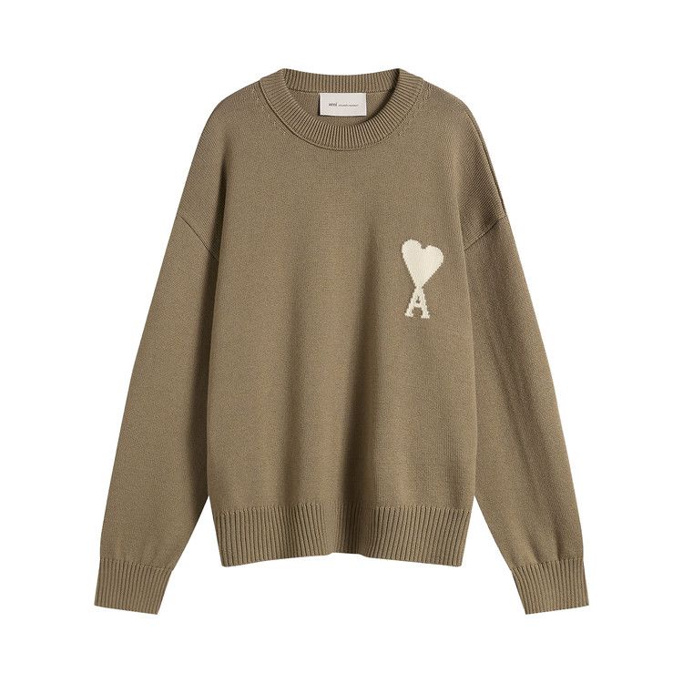 Ami Crewneck Sweater With Contrasted De Coeur 'Beige Taupe/Ecru'