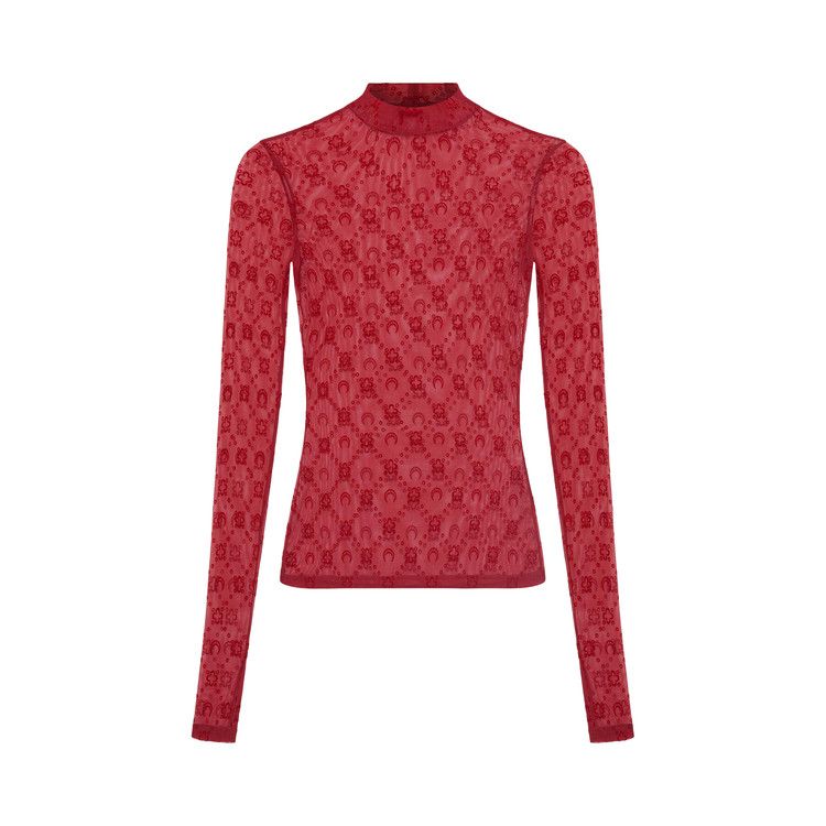 Marine Serre Mesh Flock Long-Sleeve Highneck Top 'Ribbon Red'