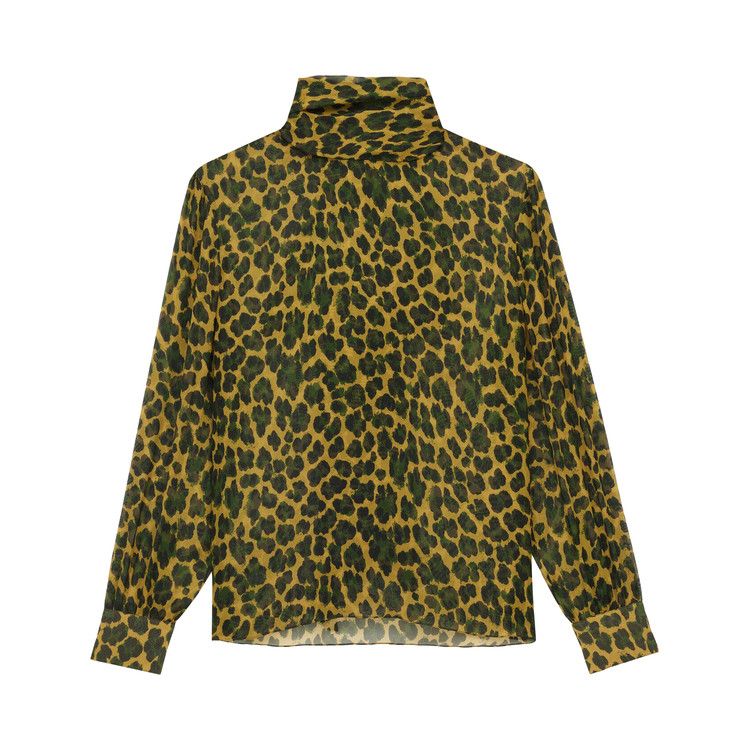 Saint Laurent Lavallière Blouse In Leopard Silk Muslin 'Ocre/Vert'